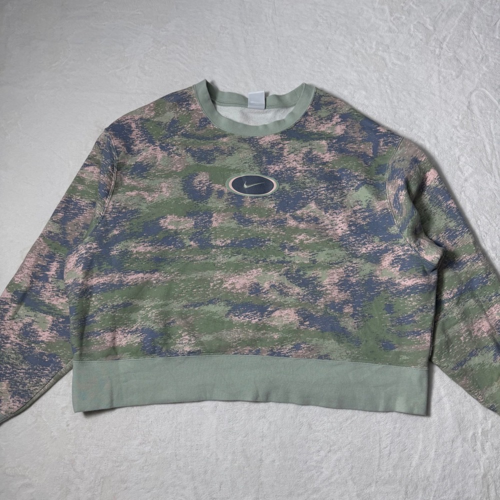 Nike Womens 1X Sweatshirt Green Pink Nike Camo Pullover‎ Cropped Logo Spell out